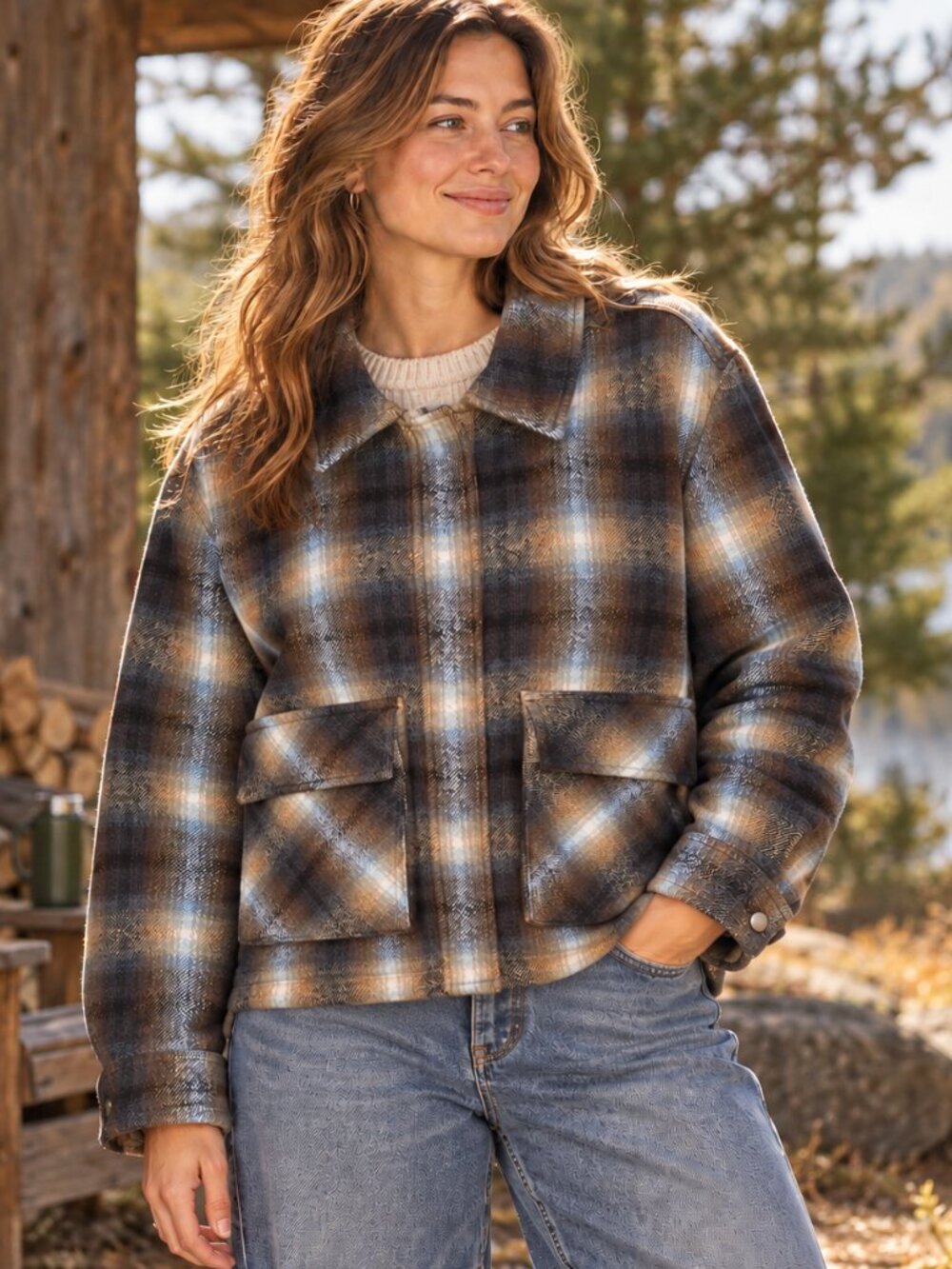 Lucky Brand Womens Plaid Flannel Jacket XL Brown Blue Granola Girl Cabincore NWT